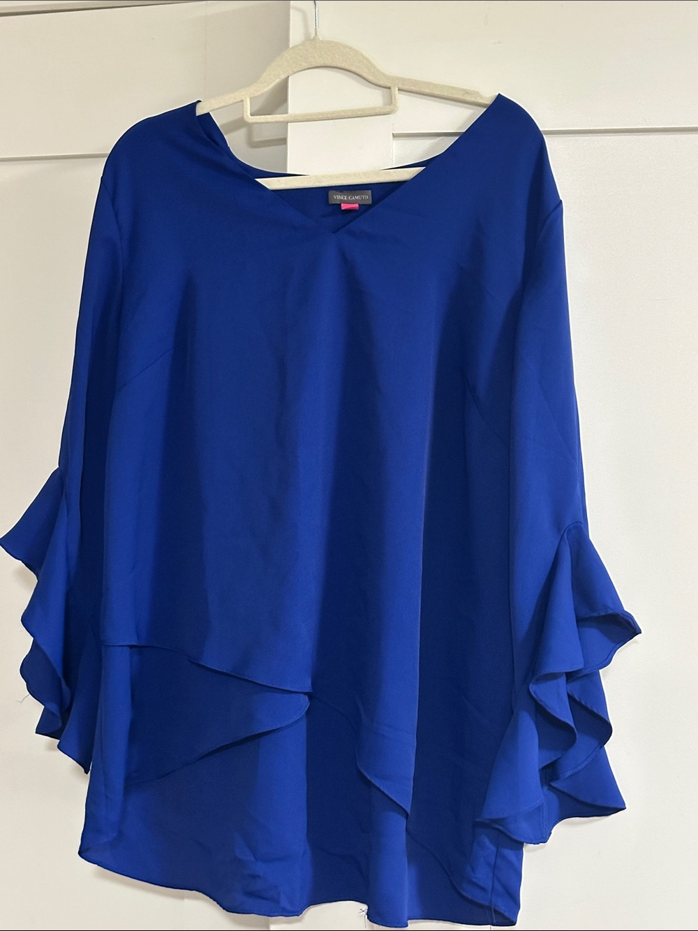 Vince Camuto Cobalt Blue V-Neck With Layered Ruffle Sleeve& asymmetrical hemlin